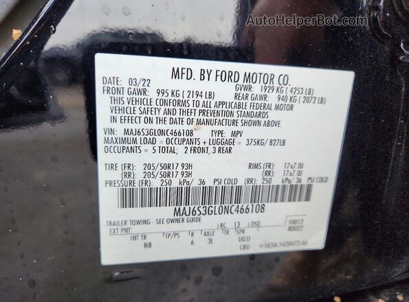 MAJ6S3GL0NC466108 2022 FORD ECOSPORT Черный Вид наклейки с VIN-кодом