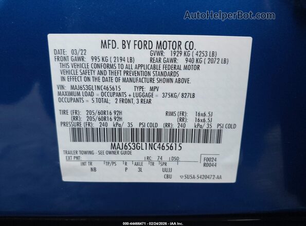 MAJ6S3GL1NC465615 2022 FORD ECOSPORT Синий Вид подкапотного пространства