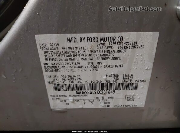 MAJ6S3GL2KC281649 2019 FORD ECOSPORT Silver Widok komory silnika