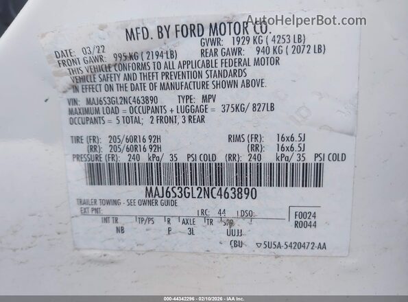 MAJ6S3GL2NC463890 2022 FORD ECOSPORT White Widok komory silnika