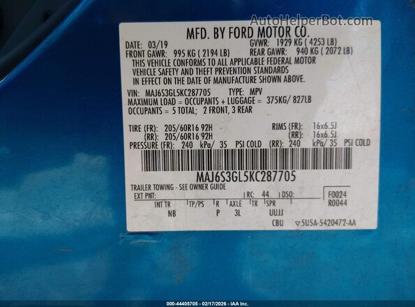 MAJ6S3GL5KC287705 2019 FORD ECOSPORT Blue ძრავის განყოფილების ხედი