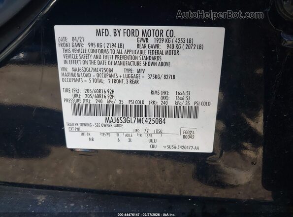 MAJ6S3GL7MC425084 2021 FORD ECOSPORT Black Engine compartment view