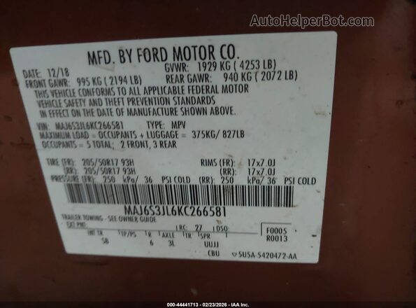 MAJ6S3JL6KC266581 2019 FORD ECOSPORT Orange Vista del compartimento del motor