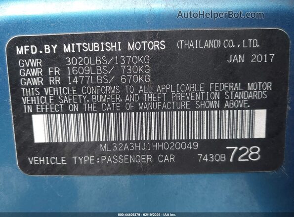 ML32A3HJ1HH020049 2017 MITSUBISHI MIRAGE Синий Вид подкапотного пространства