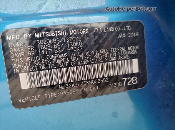 ML32A3HJ6KH008552 2019 MITSUBISHI MIRAGE Синий Вид наклейки с VIN-кодом