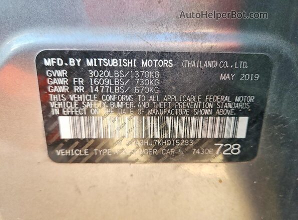 ML32A3HJ7KH015283 2019 MITSUBISHI MIRAGE Gray Widok naklejki z numerem VIN