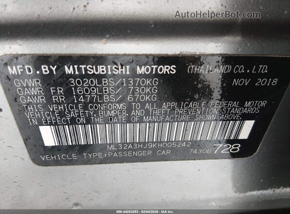 ML32A3HJ9KH005242 2019 MITSUBISHI MIRAGE Gray Вид підкапотного простору