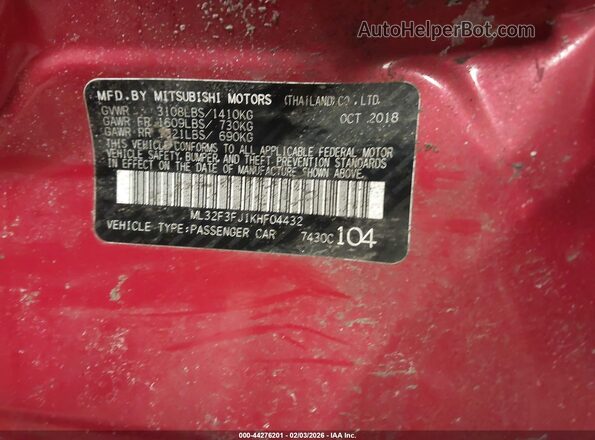 ML32F3FJ1KHF04432 2019 MITSUBISHI MIRAGE G4 Red Widok komory silnika