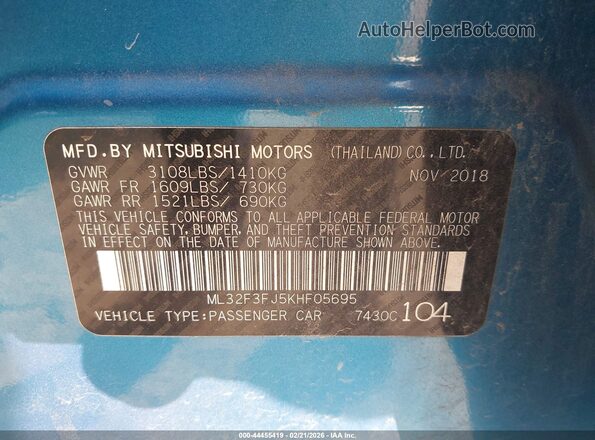 ML32F3FJ5KHF05695 2019 MITSUBISHI MIRAGE G4 Blue Vista del compartimento del motor