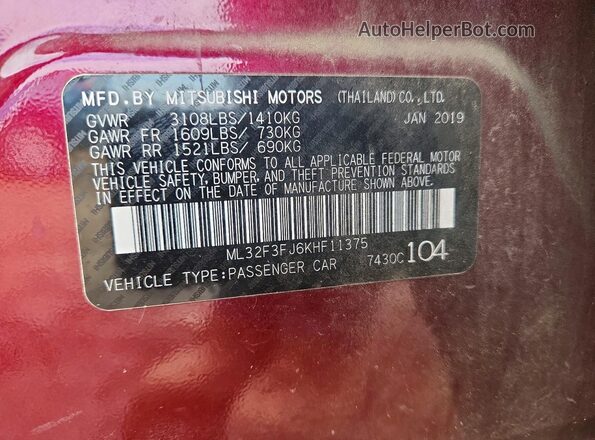 ML32F3FJ6KHF11375 2019 MITSUBISHI MIRAGE Purple Widok naklejki z numerem VIN