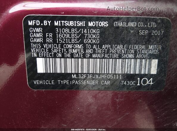 ML32F3FJXJHF05111 2018 MITSUBISHI MIRAGE G4 Красный Вид подкапотного пространства