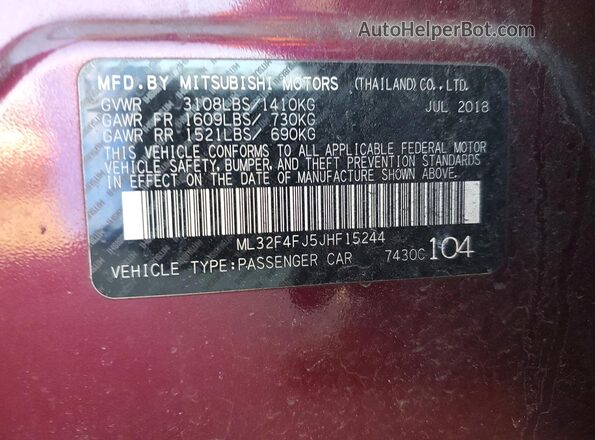 ML32F4FJ5JHF15244 2018 MITSUBISHI MIRAGE Темно-бордовый Вид наклейки с VIN-кодом