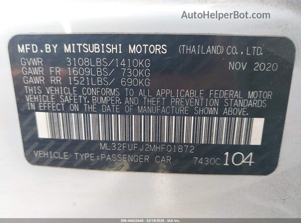ML32FUFJ2MHF01872 2021 MITSUBISHI MIRAGE G4 White ძრავის განყოფილების ხედი