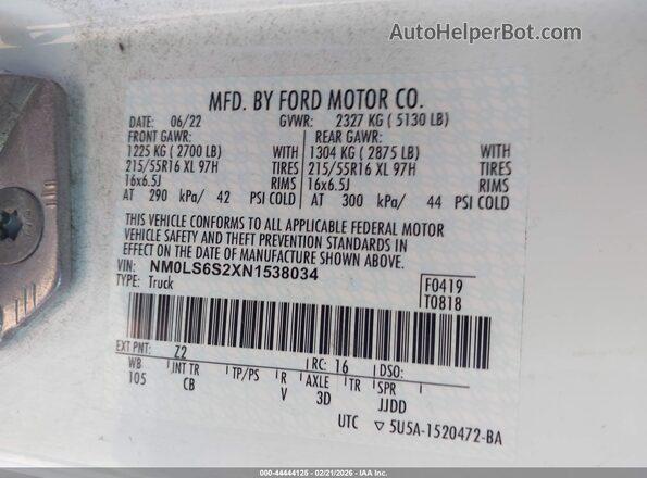 NM0LS6S2XN1538034 2022 FORD TRANSIT CONNECT Белый Вид подкапотного пространства