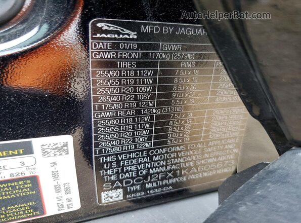SADCJ2FX1KA605673 2019 JAGUAR F-PACE Black Vista de la etiqueta del VIN