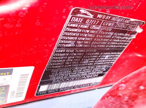 SADCK2EV2JA264084 2018 JAGUAR F-PACE Red Widok naklejki z numerem VIN