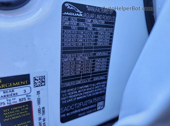 SADCT2FU2TA759536 2026 JAGUAR F-PACE White Vista de la etiqueta del VIN
