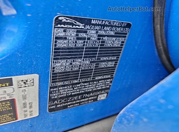 SADCZ2EE7NA696428 2022 JAGUAR F-PACE Blue Vista de la etiqueta del VIN