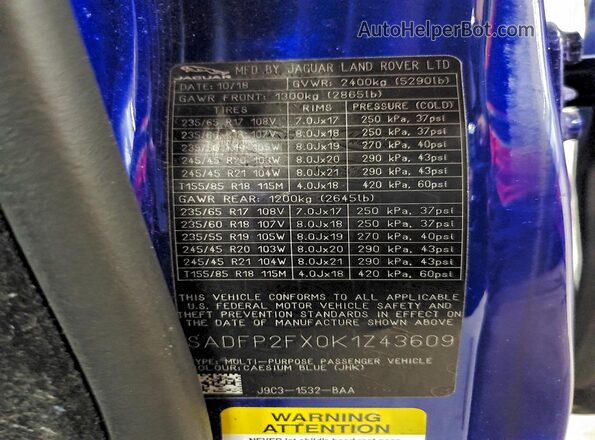 SADFP2FX0K1Z43609 2019 JAGUAR E-PACE Синий Вид наклейки с VIN-кодом