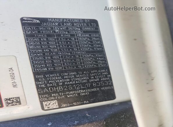 SADHB2S12L1F83532 2020 JAGUAR I-PACE Белый Вид подкапотного пространства