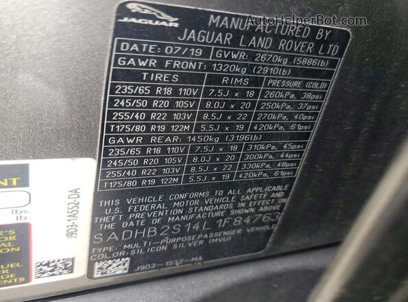 SADHB2S14L1F84763 2020 JAGUAR I-PACE Tan Vista de la etiqueta del VIN