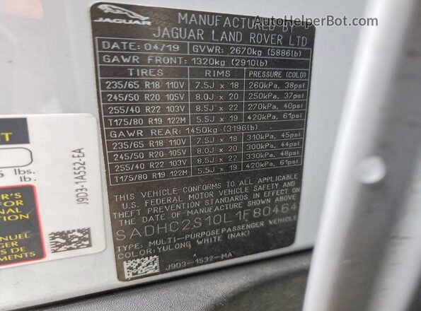 SADHC2S10L1F80464 2020 JAGUAR I-PACE White Vista interior de 360 grados