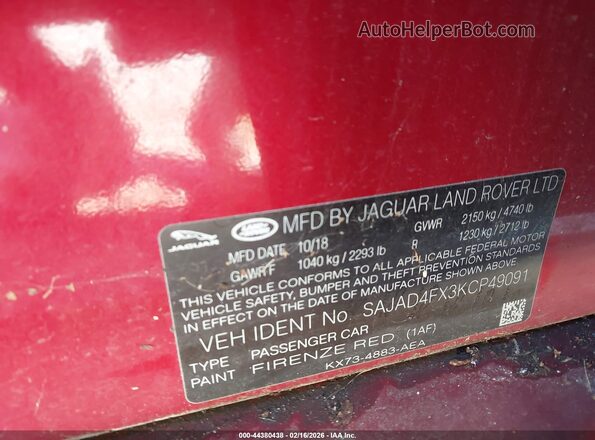 SAJAD4FX3KCP49091 2019 JAGUAR XF Red Vista del compartimento del motor