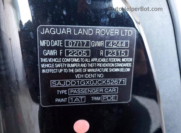 SAJDD1GX0JCK52671 2018 JAGUAR F-TYPE Черный Вид наклейки с VIN-кодом