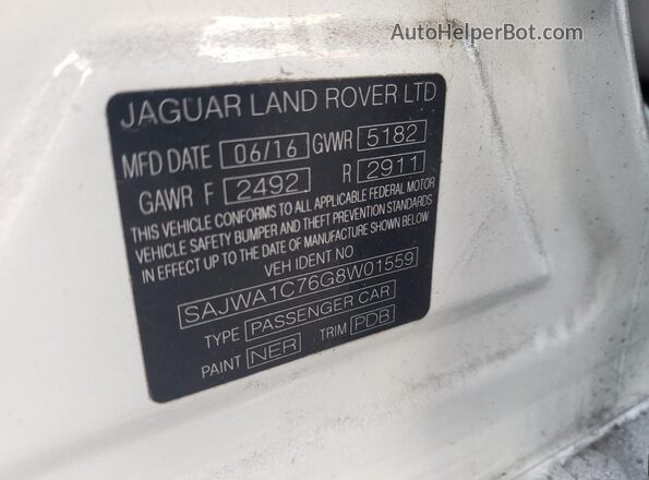 SAJWA1C76G8W01559 2016 JAGUAR XJ Белый Вид наклейки с VIN-кодом