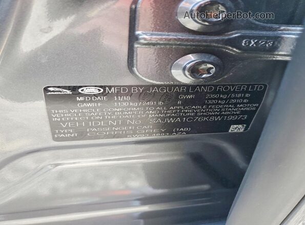 SAJWA1C76K8W19973 2019 JAGUAR XJ Gray Widok naklejki z numerem VIN