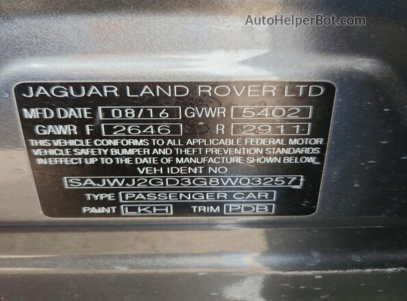 SAJWJ2GD3G8W03257 2016 JAGUAR XJL Silver Vista del compartimento del motor