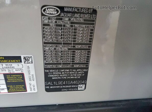 SAL1L9E41SA462049 2025 LAND ROVER RANGE White Widok naklejki z numerem VIN