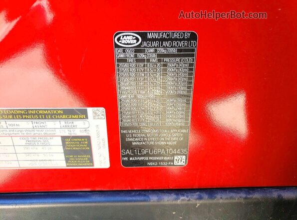 SAL1L9FU6PA104435 2023 LAND ROVER RANGE Красный Вид наклейки с VIN-кодом