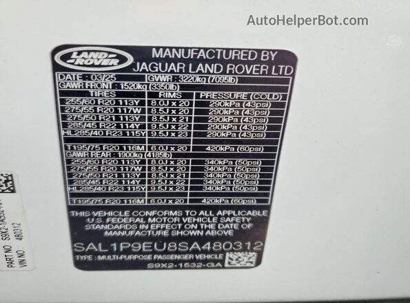 SAL1P9EU8SA480312 2025 LAND ROVER RANGE White Widok naklejki z numerem VIN