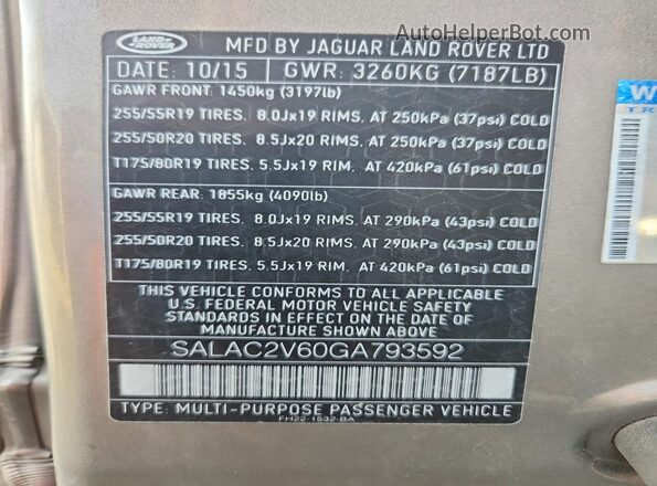 SALAC2V60GA793592 2016 LAND ROVER LR4 Tan Widok naklejki z numerem VIN