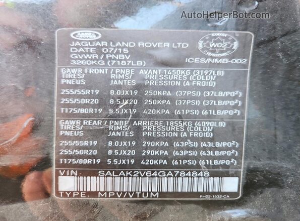SALAK2V64GA784848 2016 LAND ROVER LR4 Черный Вид наклейки с VIN-кодом