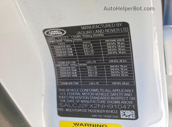 SALCJ2FX2NH910471 2022 LAND ROVER DISCOVERY White Widok wnętrza 360 stopni