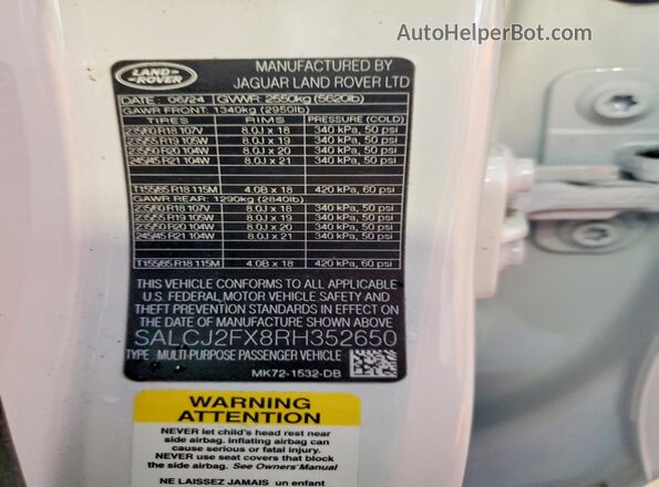 SALCJ2FX8RH352650 2024 LAND ROVER DISCOVERY Белый Вид наклейки с VIN-кодом