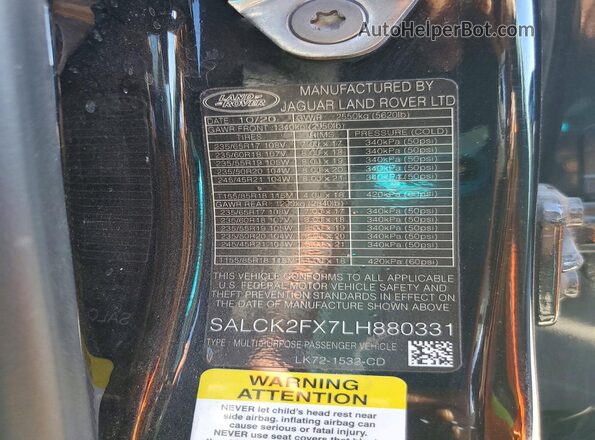 SALCK2FX7LH880331 2020 LAND ROVER DISCOVERY Black VIN კოდის სტიკერის ხედი
