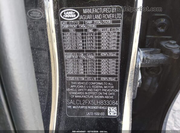 SALCL2FX5LH833084 2020 LAND ROVER DISCOVERY SPORT Black ძრავის განყოფილების ხედი