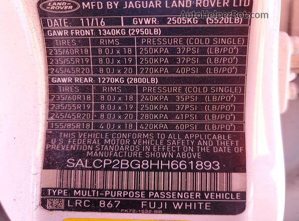 SALCP2BG8HH661893 2017 LAND ROVER DISCOVERY Белый Вид наклейки с VIN-кодом