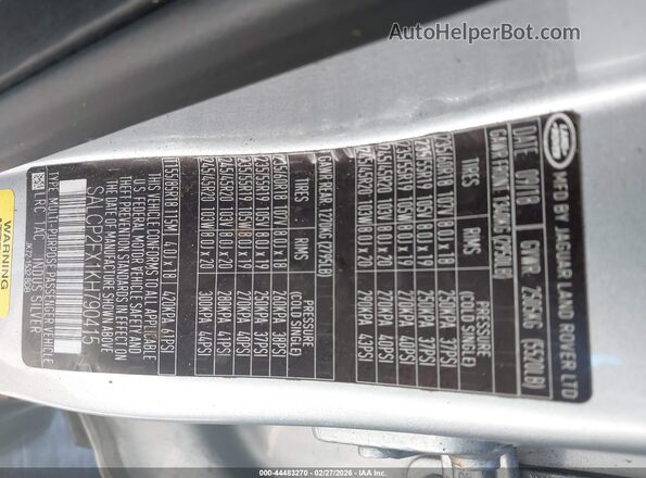 SALCP2FX1KH790415 2019 LAND ROVER DISCOVERY SPORT Silver Engine compartment view