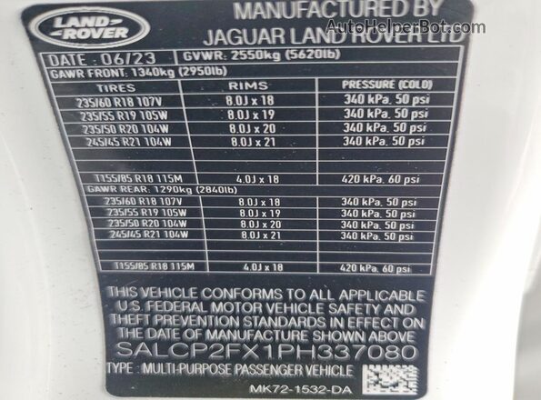 SALCP2FX1PH337080 2023 LAND ROVER DISCOVERY Белый Вид наклейки с VIN-кодом
