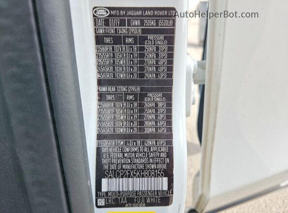 SALCP2FX5KH808155 2019 LAND ROVER DISCOVERY White Շարժիչի բաժամունքի տեսք