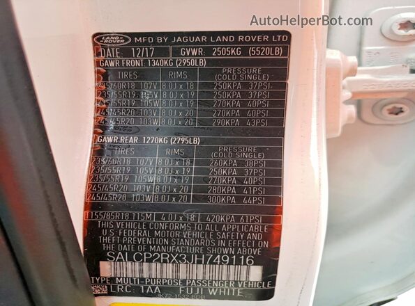 SALCP2RX3JH749116 2018 LAND ROVER DISCOVERY White Widok wnętrza 360 stopni