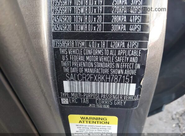 SALCR2FX8KH787151 2019 LAND ROVER DISCOVERY SPORT Серый Вид подкапотного пространства