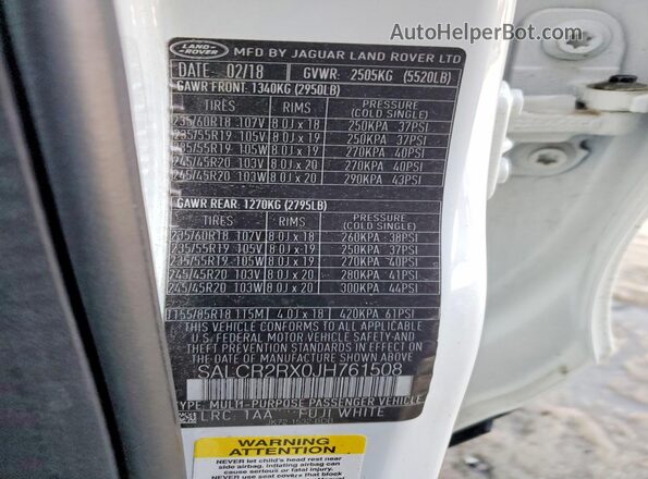 SALCR2RX0JH761508 2018 LAND ROVER DISCOVERY Белый Вид наклейки с VIN-кодом