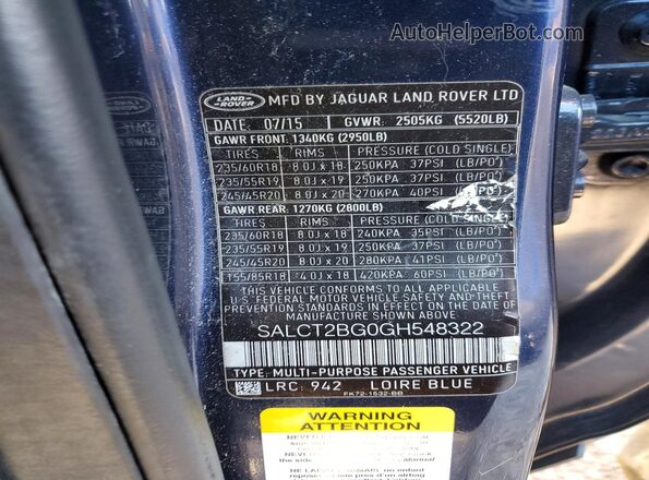 SALCT2BG0GH548322 2016 LAND ROVER DISCOVERY Blue VIN sticker view