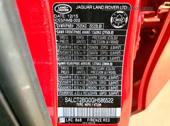 SALCT2BG0GH586522 2016 LAND ROVER DISCOVERY Red Widok naklejki z numerem VIN
