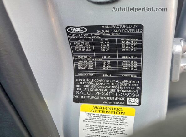 SALCT2FX4PH325999 2023 LAND ROVER DISCOVERY Silver Widok naklejki z numerem VIN